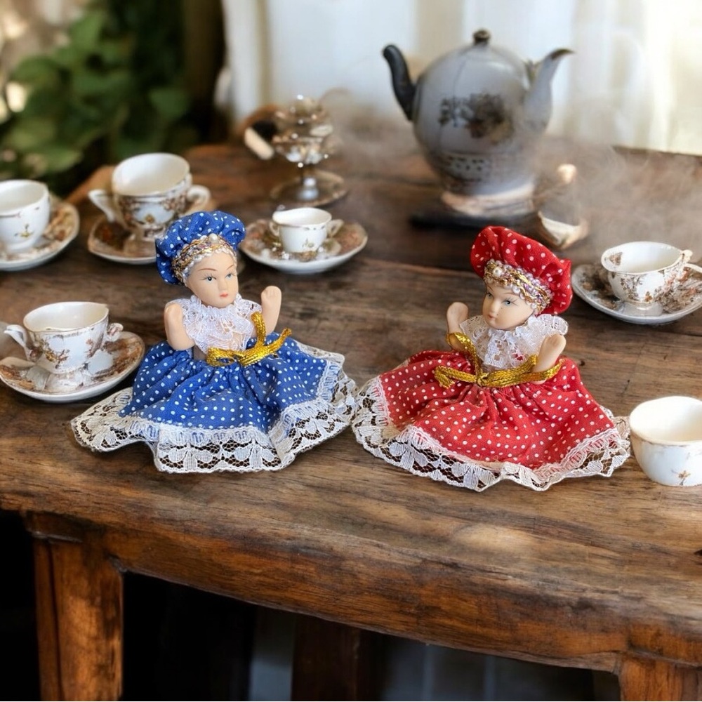 Vintage Miniature Porcelain Bisque Dolls Set 2 Polka Dot Dress Lace Dollhouse